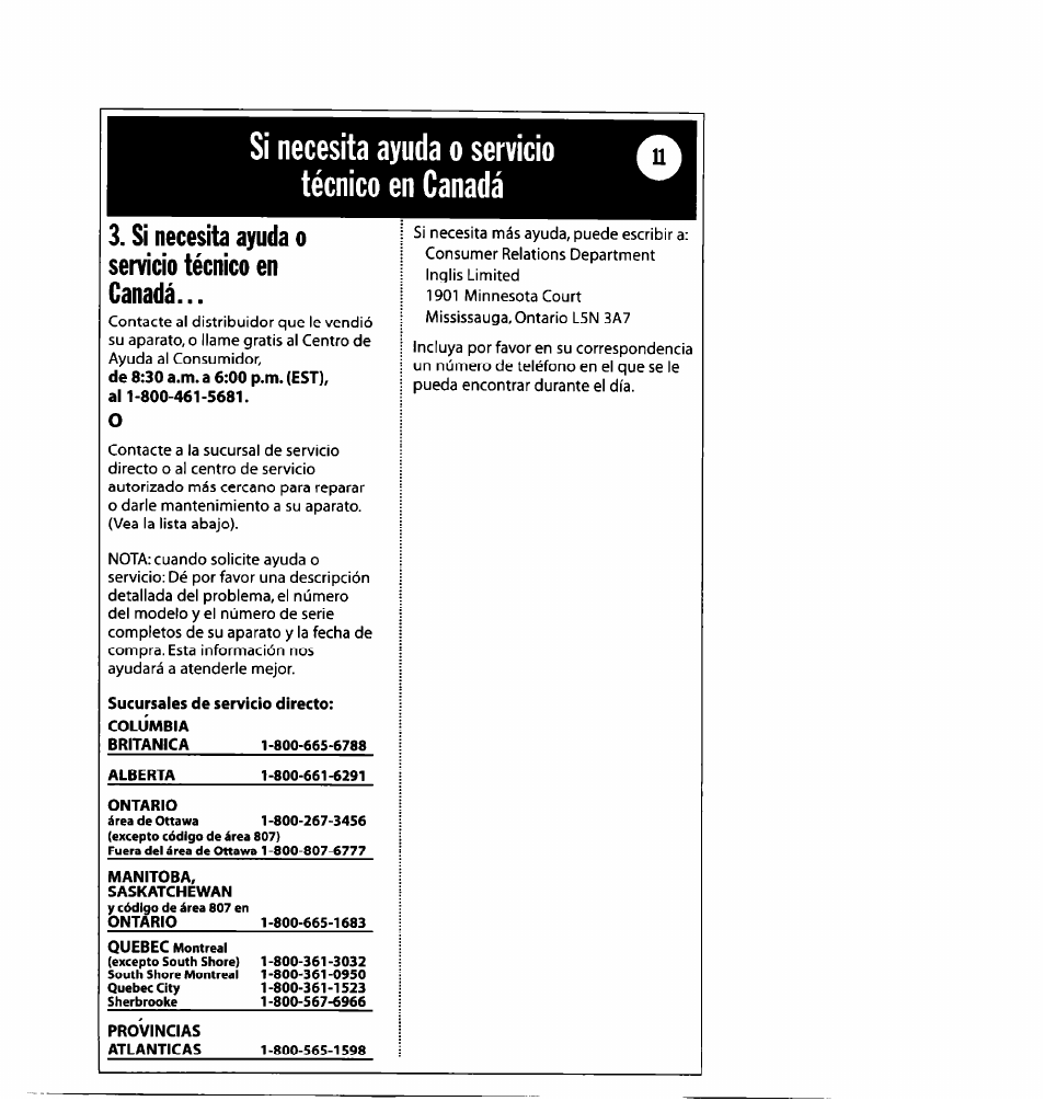 Si necesita ayuda о servicio técnico en canadá, Si necesita ayuda o servicio técnico en canadá, Si necesita ayuda o servicio técnico -11 | Whirlpool 1182182 User Manual | Page 23 / 24