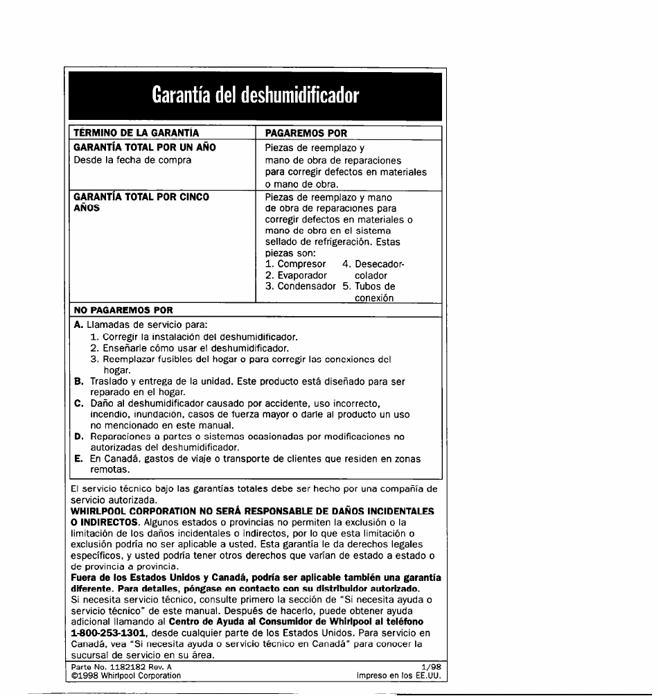 Garantía del deshumidifícador | Whirlpool 1182182 User Manual | Page 24 / 24