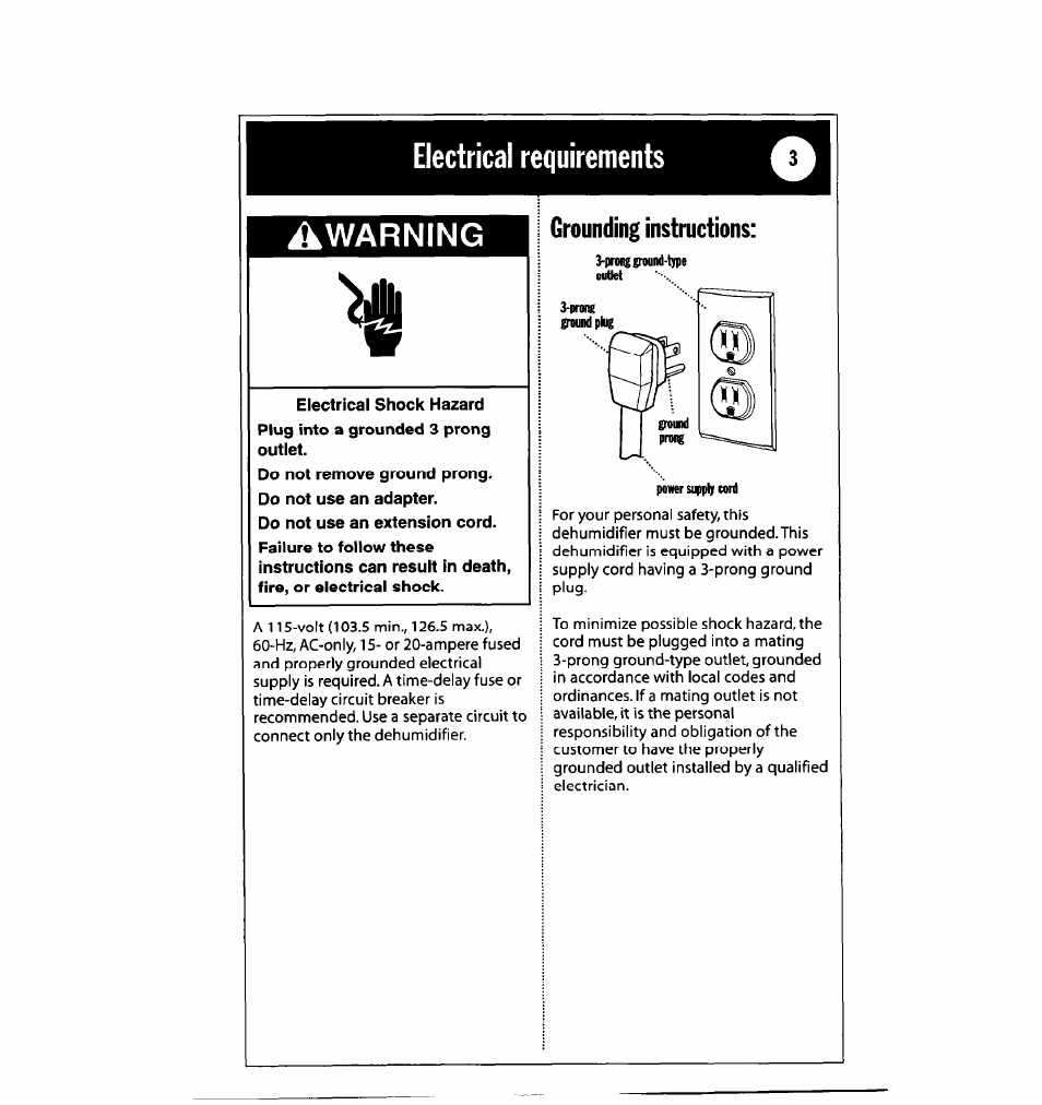 Electrical requirements, Warning, Grounding instructions | Electrical requirements ^warning | Whirlpool 1182182 User Manual | Page 3 / 24