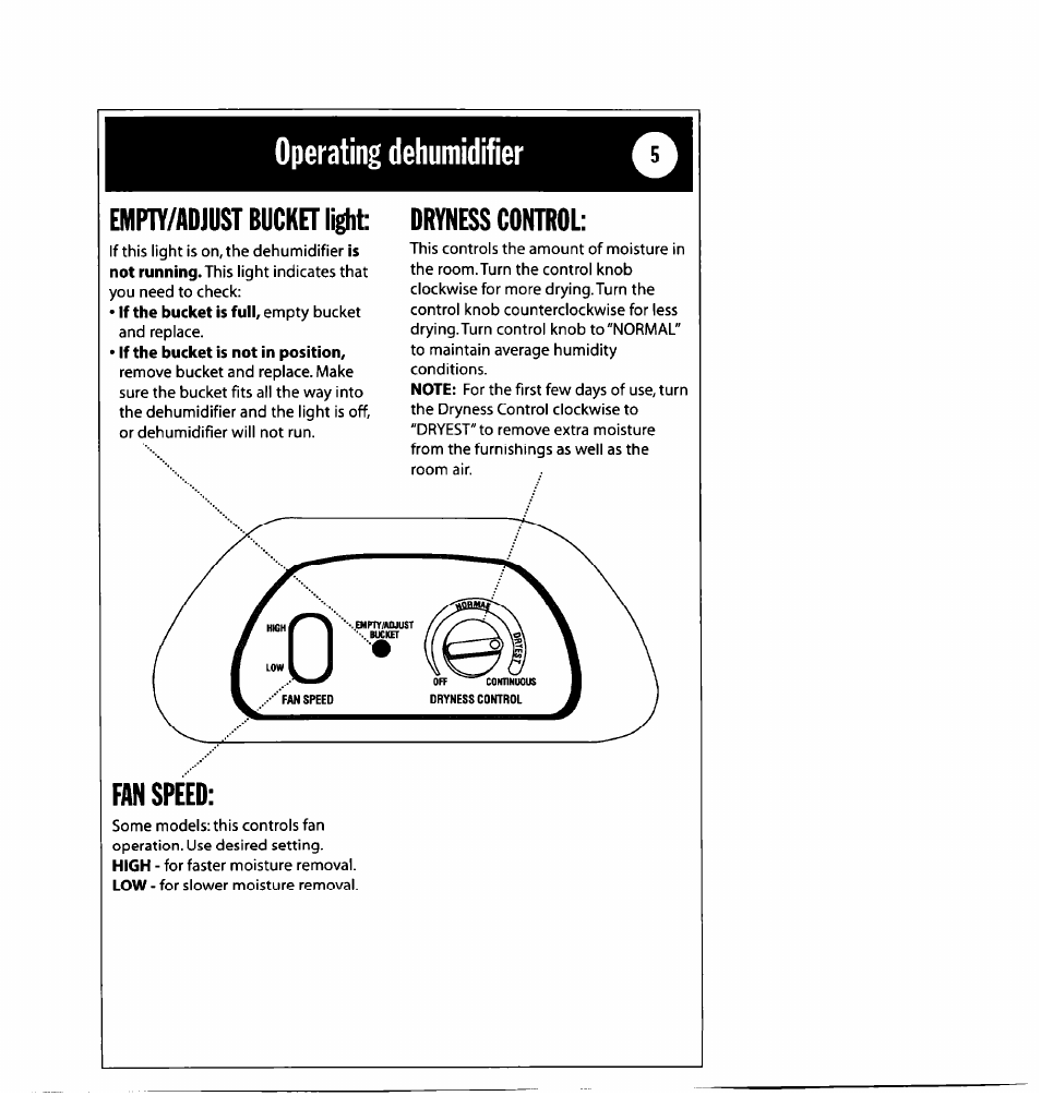 Operating dehumidifier, Empty/adjust bucket light: dryness control | Whirlpool 1182182 User Manual | Page 5 / 24