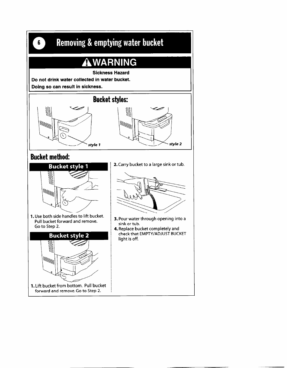 Removing & emptying water bucket, Awarning, Bucket styles | Bucket method, Removing and emptying water bucket -7, Removing & emptying water bucket awarning, Bucket styles: bucket method | Whirlpool 1182182 User Manual | Page 6 / 24