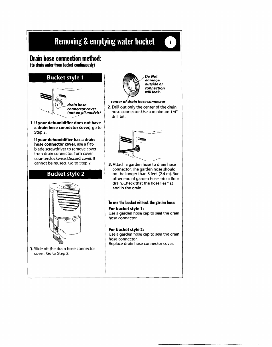 Removing & emptying water bucket, Drain hose connection method | Whirlpool 1182182 User Manual | Page 7 / 24