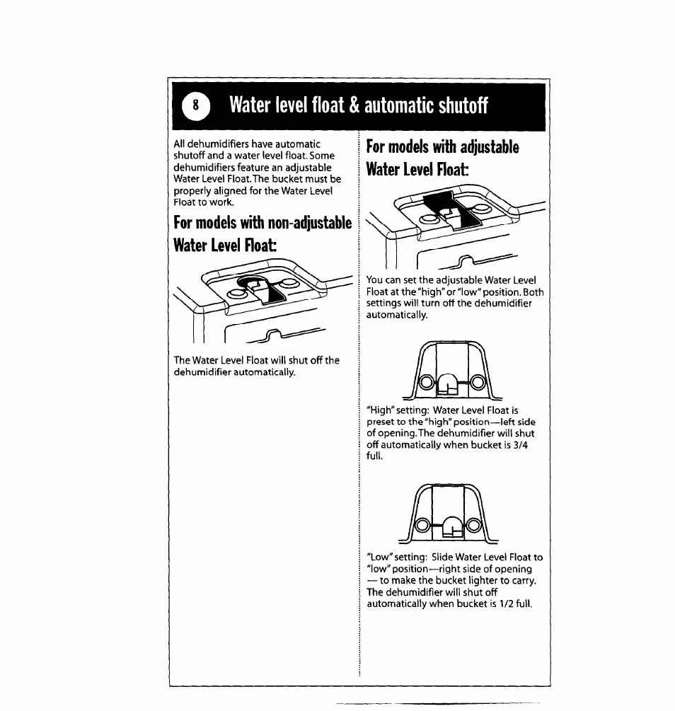 Water level float & automatic shutoff, For models with non-adjustable water level float, For models with adjustable water level float | Water level float and automatic shutoff | Whirlpool 1182182 User Manual | Page 8 / 24