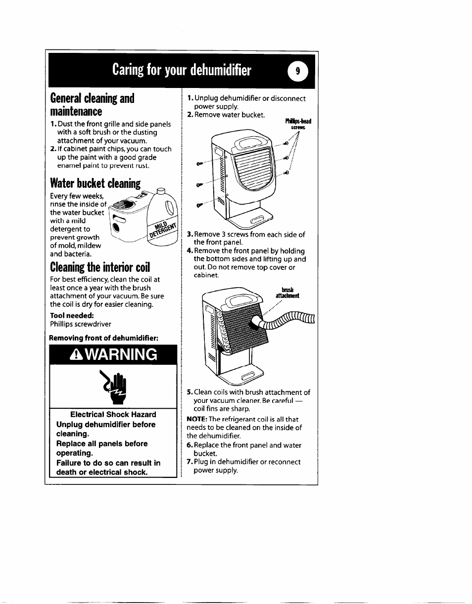 General cleaning and maintenance, Water bucket cleaning, Cleaning the interior coil | Warning, Caring for your dehumidifier | Whirlpool 1182182 User Manual | Page 9 / 24