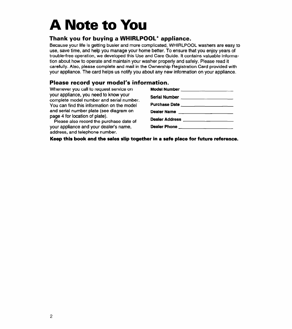 A note to you, Thank you for buying a whirlpool* appliance, Please record your model's information | Whirlpool 8LSR5233EZ0 User Manual | Page 2 / 24