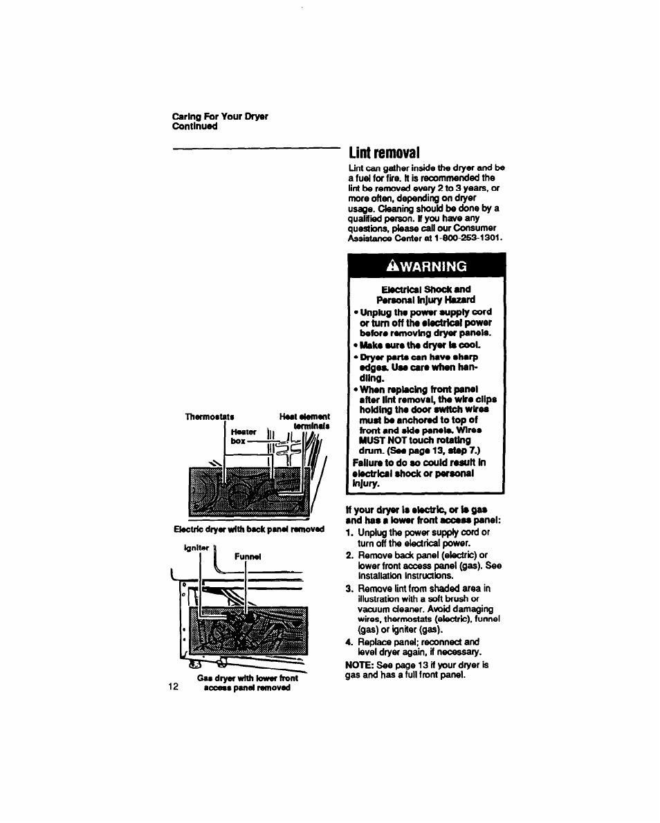 Lint removal | Whirlpool LE5200XT User Manual | Page 12 / 16