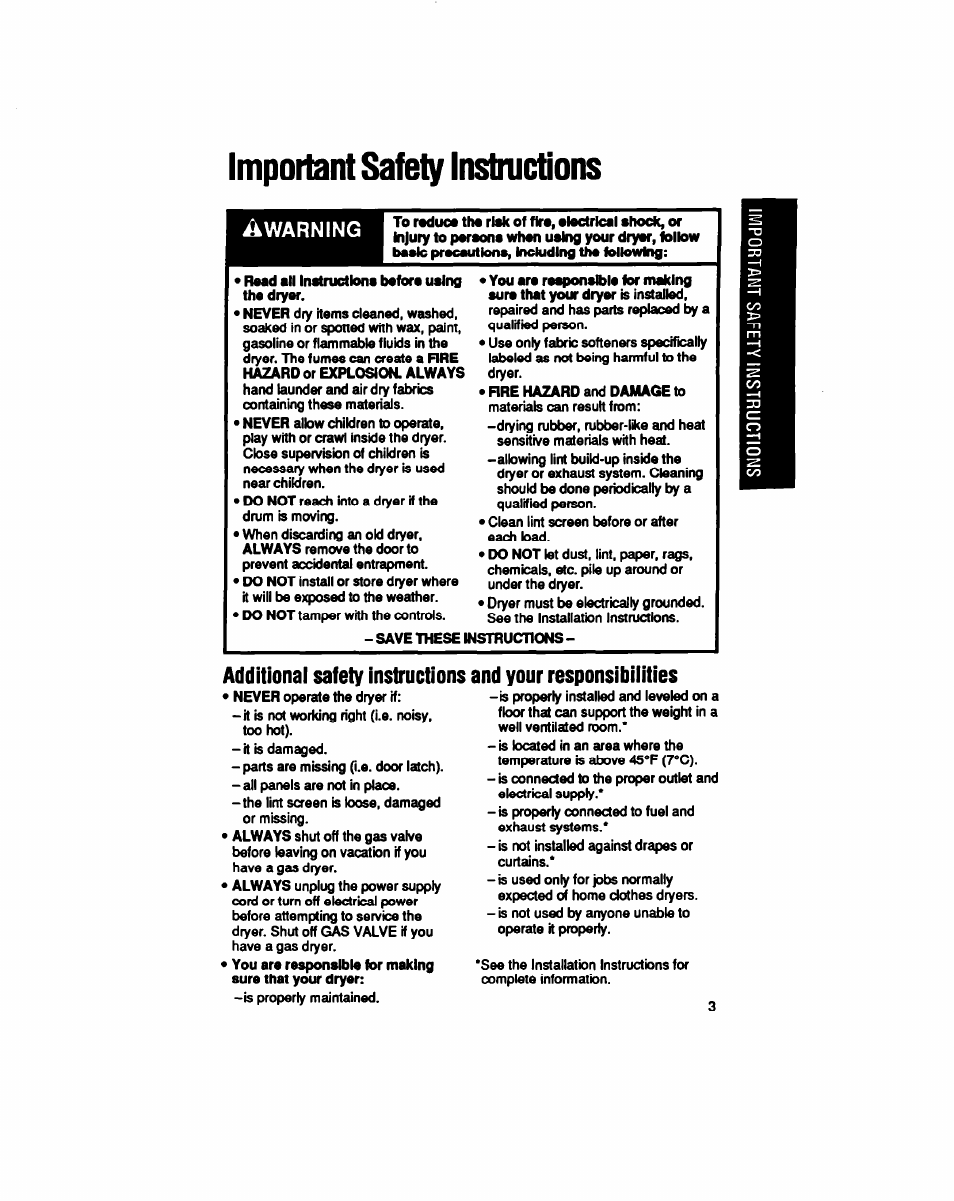 Important safety instmctions, Additional safety instructions, And your responsibilities | Whirlpool LE5200XT User Manual | Page 3 / 16