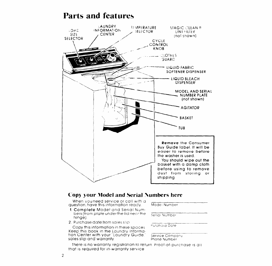 Parts and features, Copy your model and serial numbers here | Whirlpool LA7450XM User Manual | Page 2 / 12