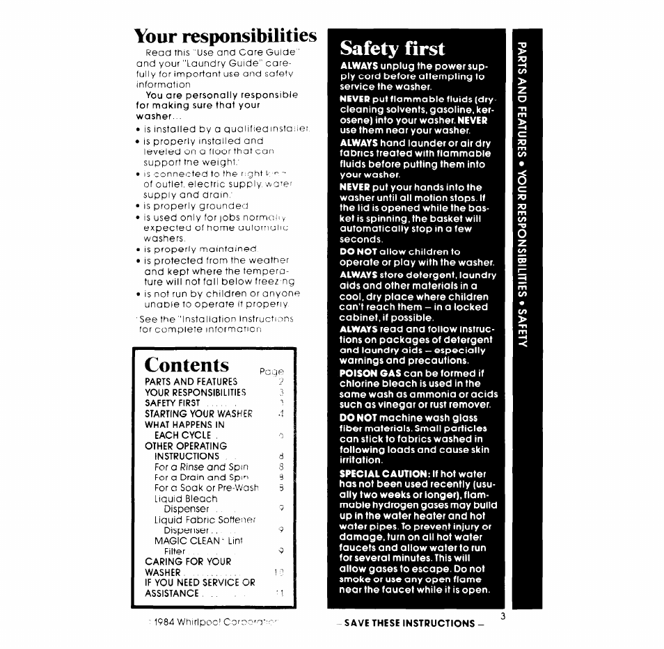Your responsibilities, Safety first, Save these instructions | Contents pa | Whirlpool LA7450XM User Manual | Page 3 / 12