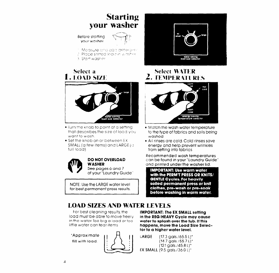 Starting your washer, Select a, Load sizk select watfr | Temperai l res, Sizes, Water, Levels | Whirlpool LA7450XM User Manual | Page 4 / 12