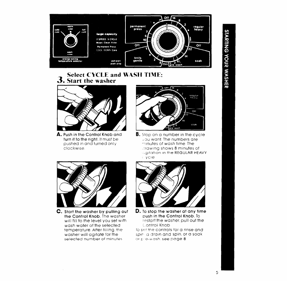 Select cycle and wash time, Start the washer | Whirlpool LA7450XM User Manual | Page 5 / 12