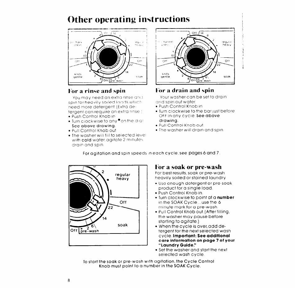 Other operating instructions, For a rinse and spin, For a drain and spin | For a soak or pre-wash | Whirlpool LA7450XM User Manual | Page 8 / 12