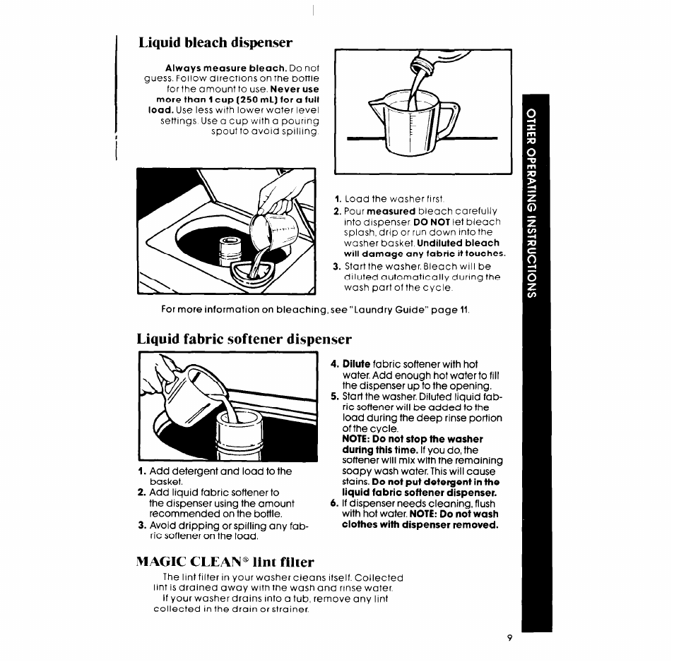 Liquid bleach dispenser, Liquid fabric softener dispenser, Magic clean® lint filter | Whirlpool LA7450XM User Manual | Page 9 / 12