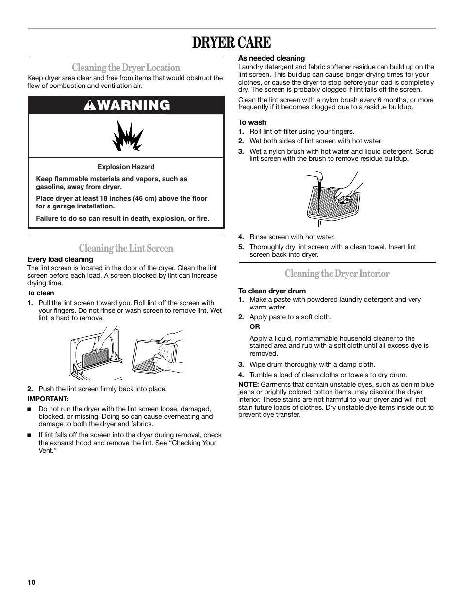 Dryer care, Warning, Cleaning the dryer location | Cleaning the lint screen, Cleaning the dryer interior | Whirlpool 3XLGR5437 User Manual | Page 10 / 36