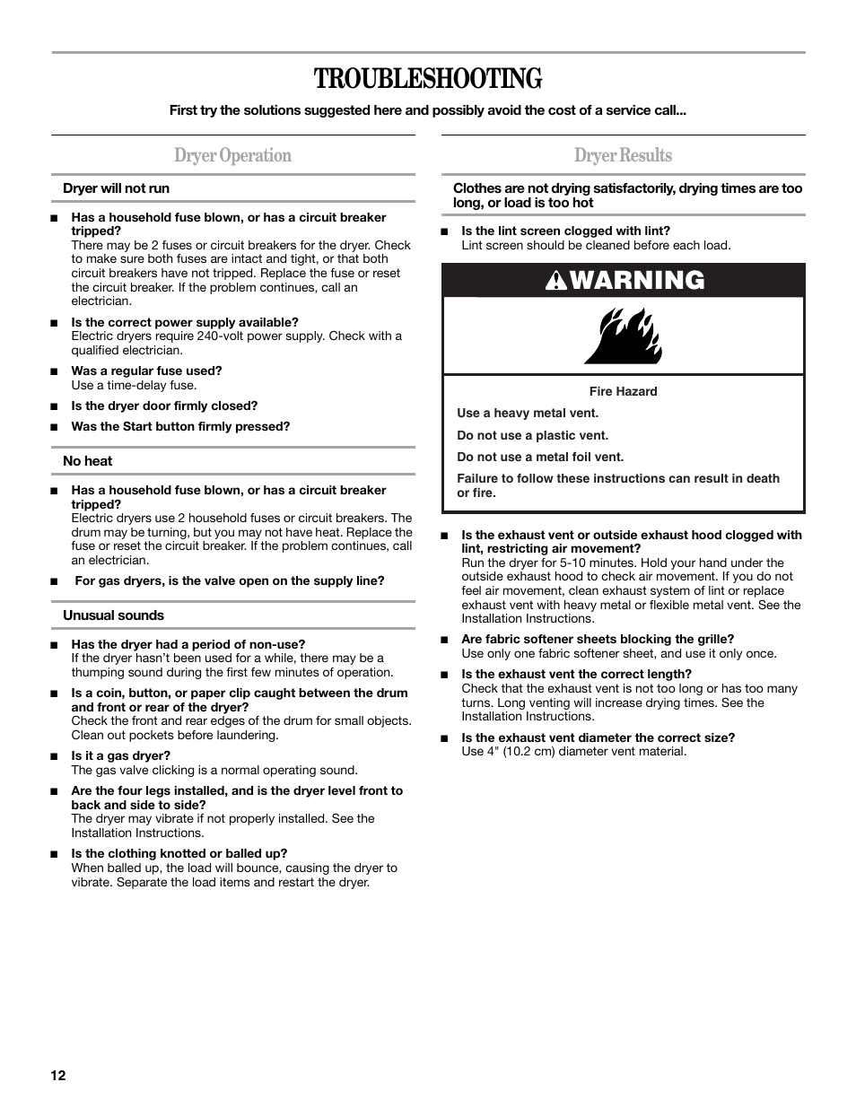 Troubleshooting, Warning, Dryer operation | Dryer results | Whirlpool 3XLGR5437 User Manual | Page 12 / 36