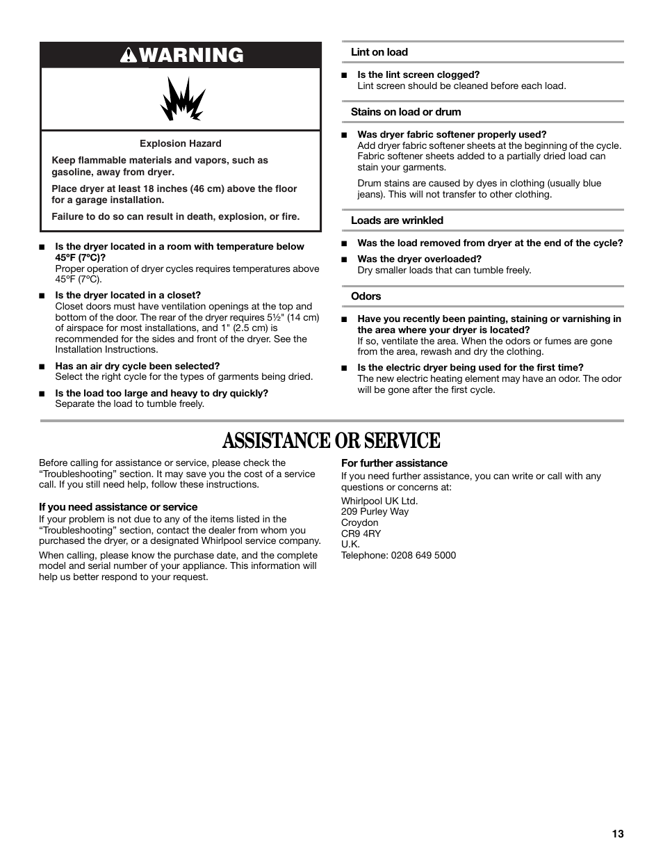 Assistance or service, Warning | Whirlpool 3XLGR5437 User Manual | Page 13 / 36