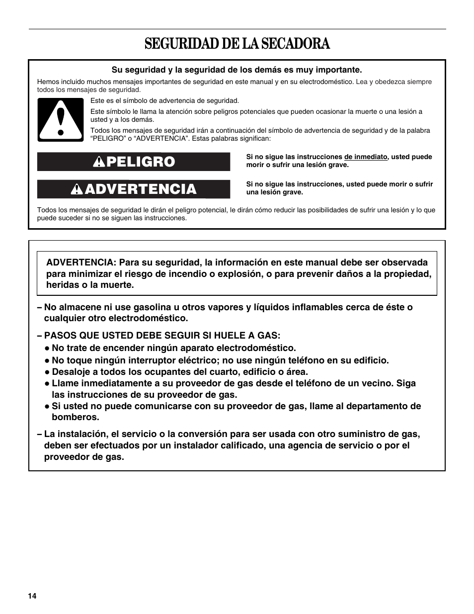 Seguridad de la secadora, Advertencia peligro | Whirlpool 3XLGR5437 User Manual | Page 14 / 36