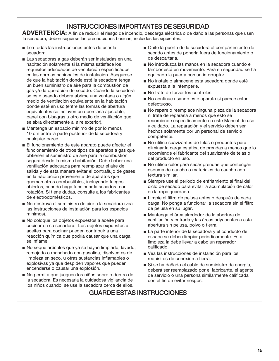 Instrucciones importantes de seguridad, Guarde estas instrucciones, Advertencia | Whirlpool 3XLGR5437 User Manual | Page 15 / 36