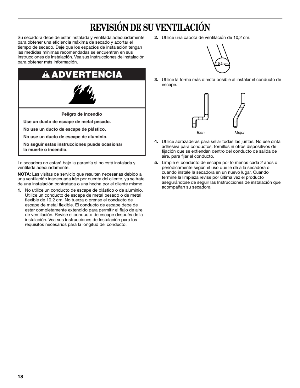 Revisión de su ventilación, Advertencia | Whirlpool 3XLGR5437 User Manual | Page 18 / 36