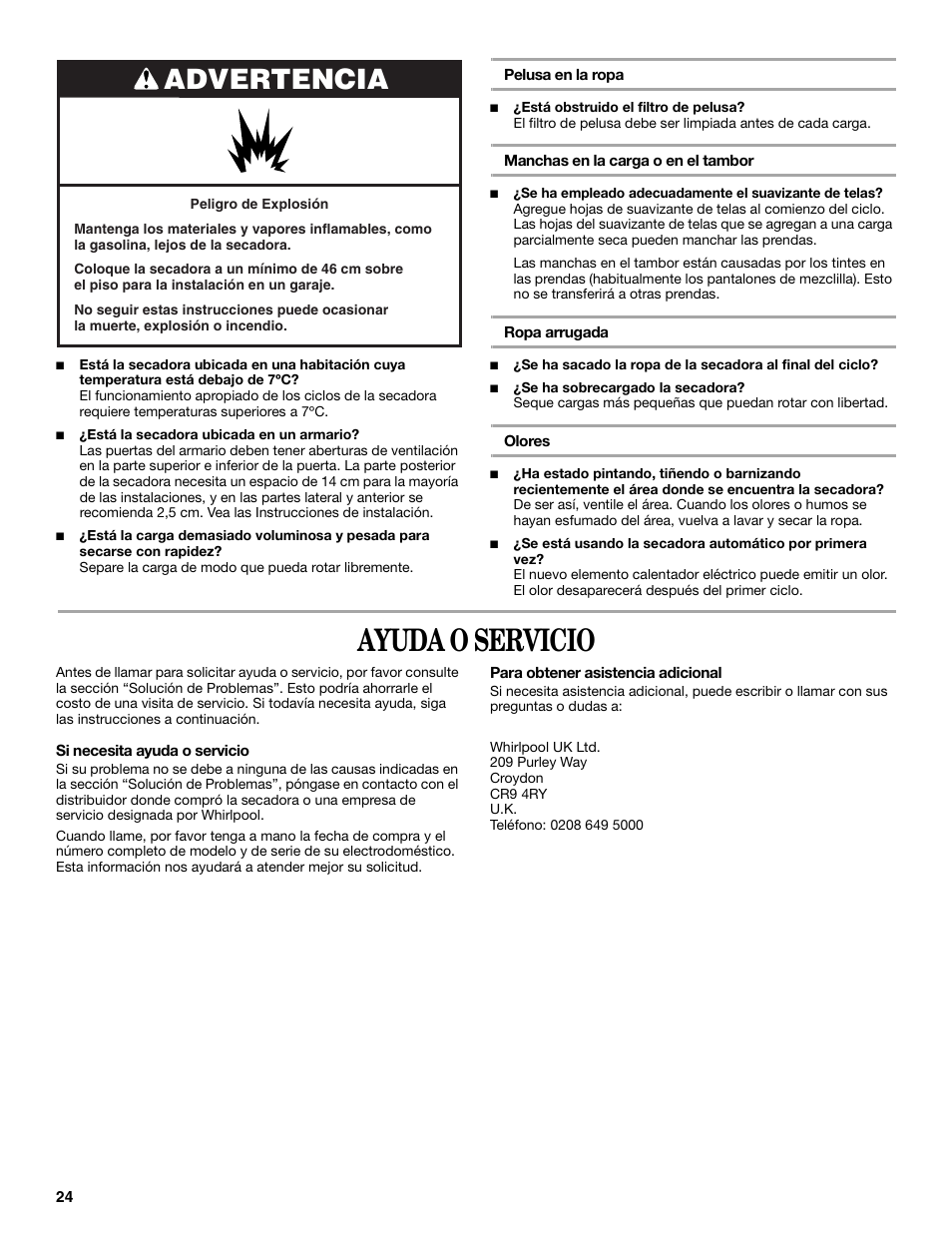 Ayuda o servicio, Advertencia | Whirlpool 3XLGR5437 User Manual | Page 24 / 36