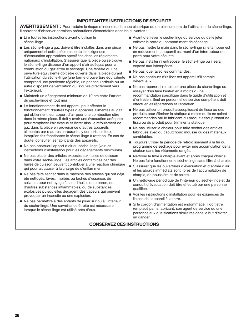 Importantes instructions de securite avertissement, Conservez ces instructions | Whirlpool 3XLGR5437 User Manual | Page 26 / 36