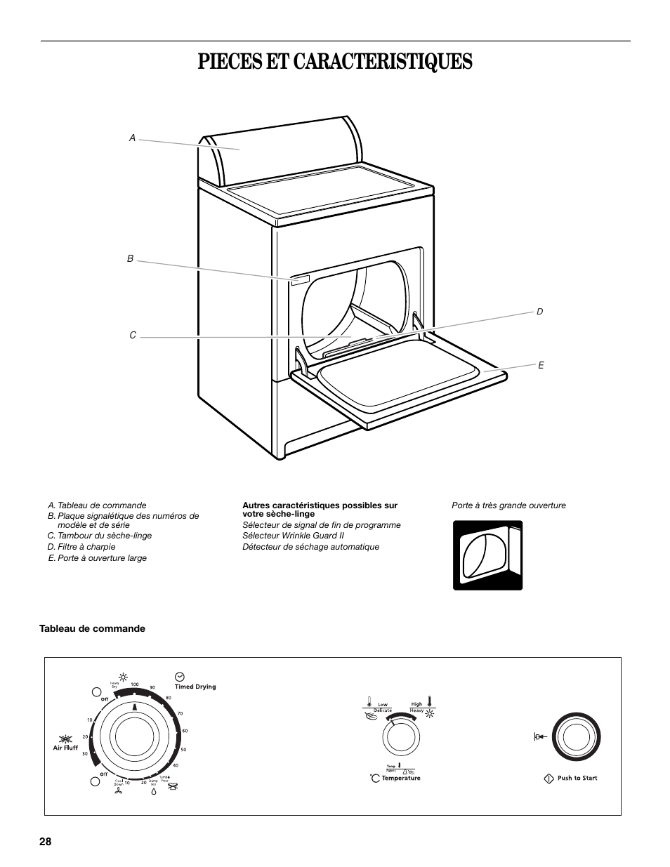 Pieces et caracteristiques | Whirlpool 3XLGR5437 User Manual | Page 28 / 36