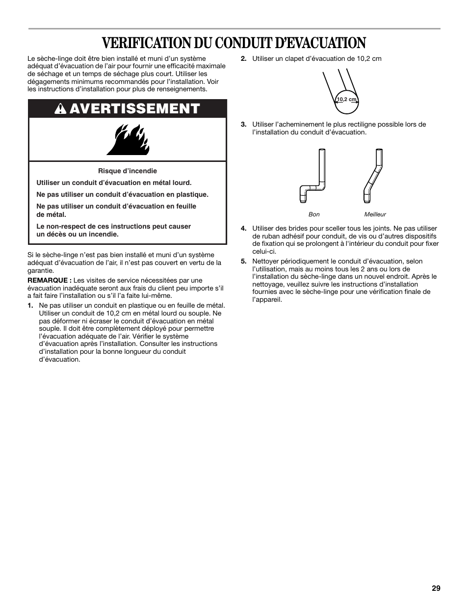 Verification du conduit d’evacuation, Avertissement | Whirlpool 3XLGR5437 User Manual | Page 29 / 36