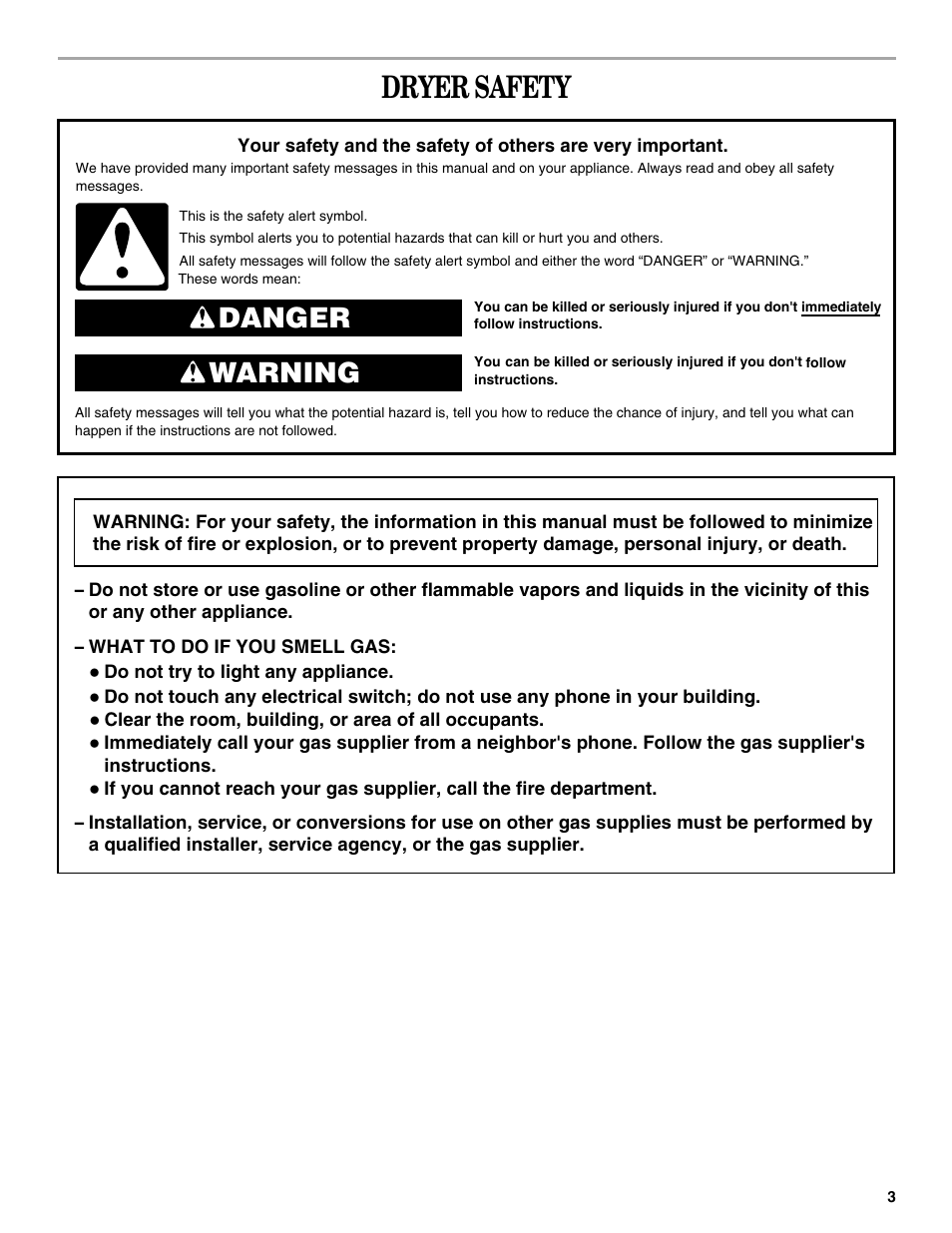 Dryer safety, Danger warning | Whirlpool 3XLGR5437 User Manual | Page 3 / 36