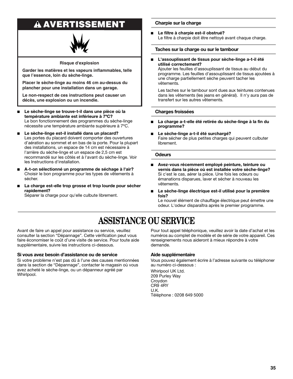 Assistance ou service, Avertissement | Whirlpool 3XLGR5437 User Manual | Page 35 / 36