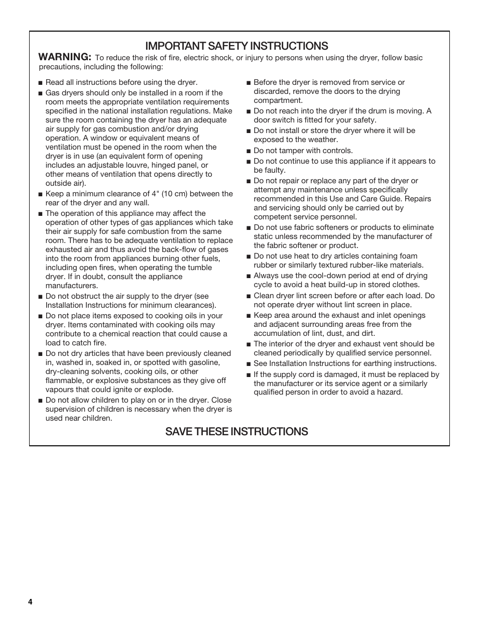 Important safety instructions, Save these instructions, Warning | Whirlpool 3XLGR5437 User Manual | Page 4 / 36