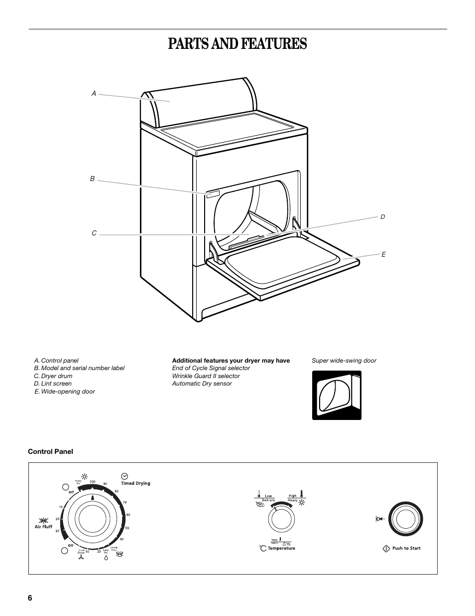 Parts and features | Whirlpool 3XLGR5437 User Manual | Page 6 / 36