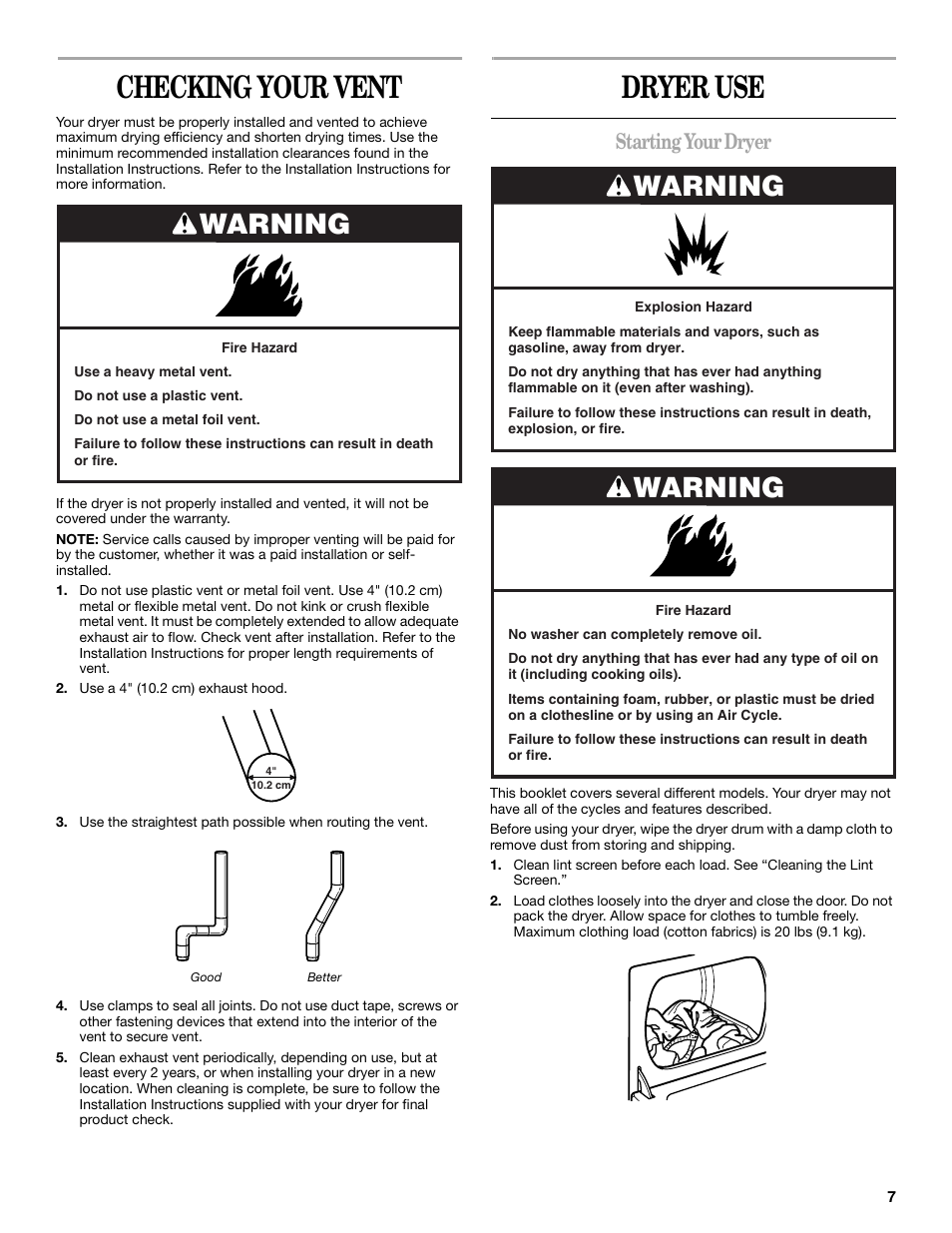 Checking your vent, Dryer use, Warning | Starting your dryer | Whirlpool 3XLGR5437 User Manual | Page 7 / 36