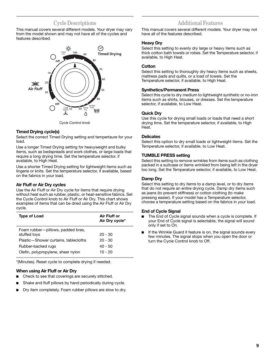 Cycle descriptions, Additional features | Whirlpool 3XLGR5437 User Manual | Page 9 / 36