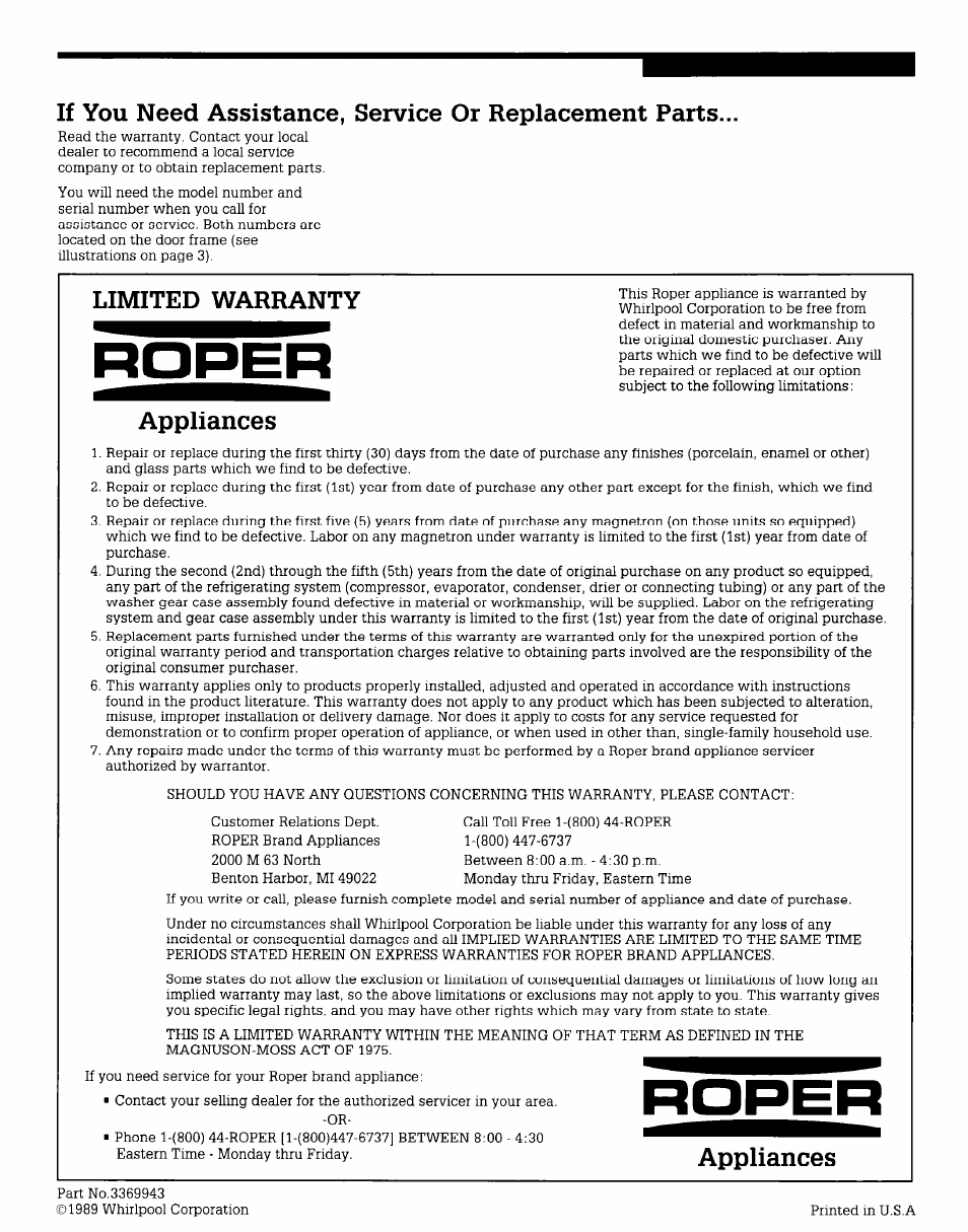 Limited warranty, Appliances | Whirlpool WU685OV User Manual | Page 16 / 16