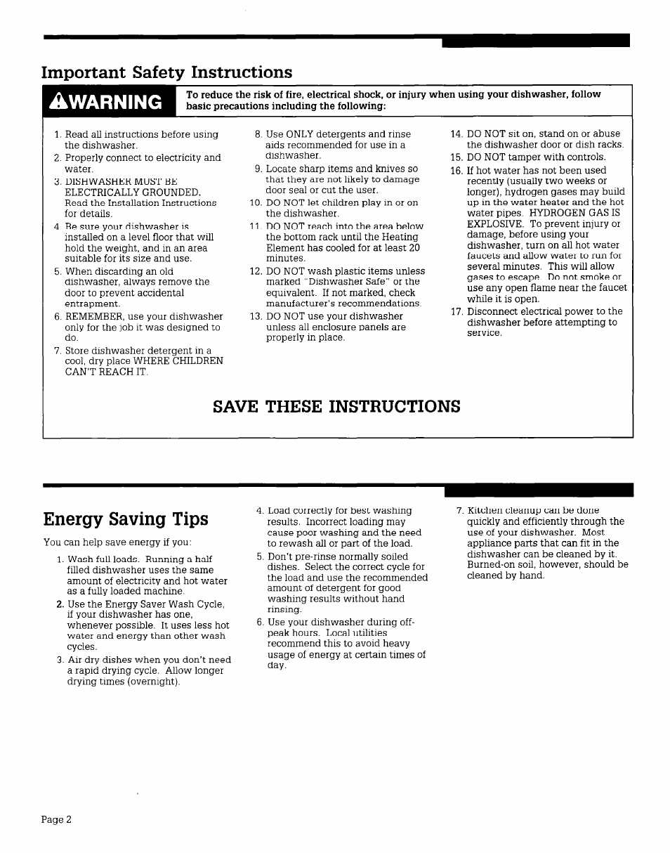Important safety instructions, Warning, Save these instructions energy saving tips | Whirlpool WU685OV User Manual | Page 2 / 16