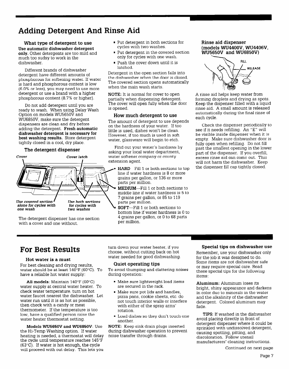 Adding detergent and rinse aid, For best results | Whirlpool WU685OV User Manual | Page 7 / 16