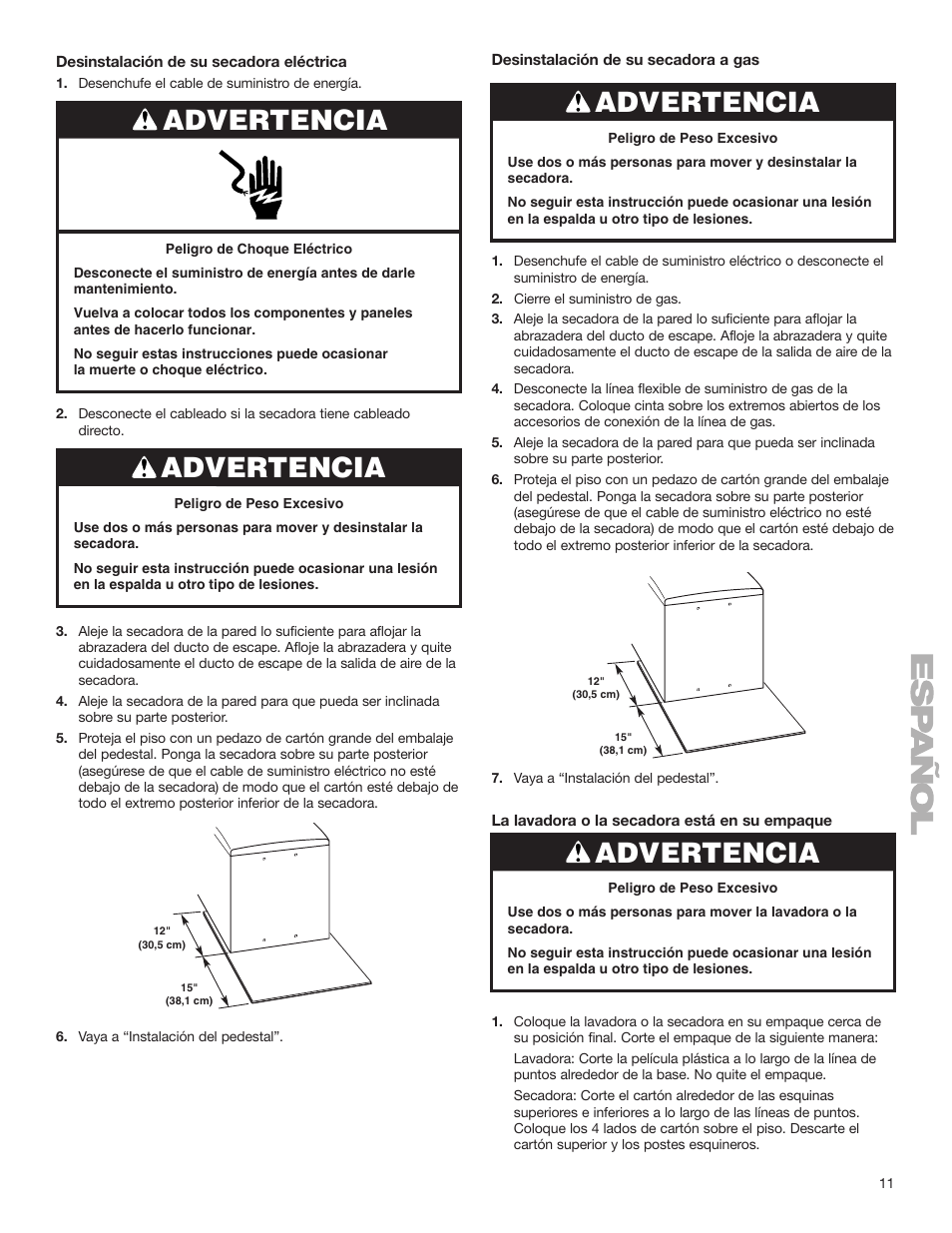 Advertencia | Whirlpool Washer/Dryer Pedestal User Manual | Page 11 / 24