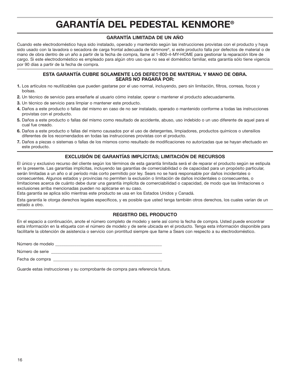 Garantía del pedestal kenmore | Whirlpool Washer/Dryer Pedestal User Manual | Page 16 / 24