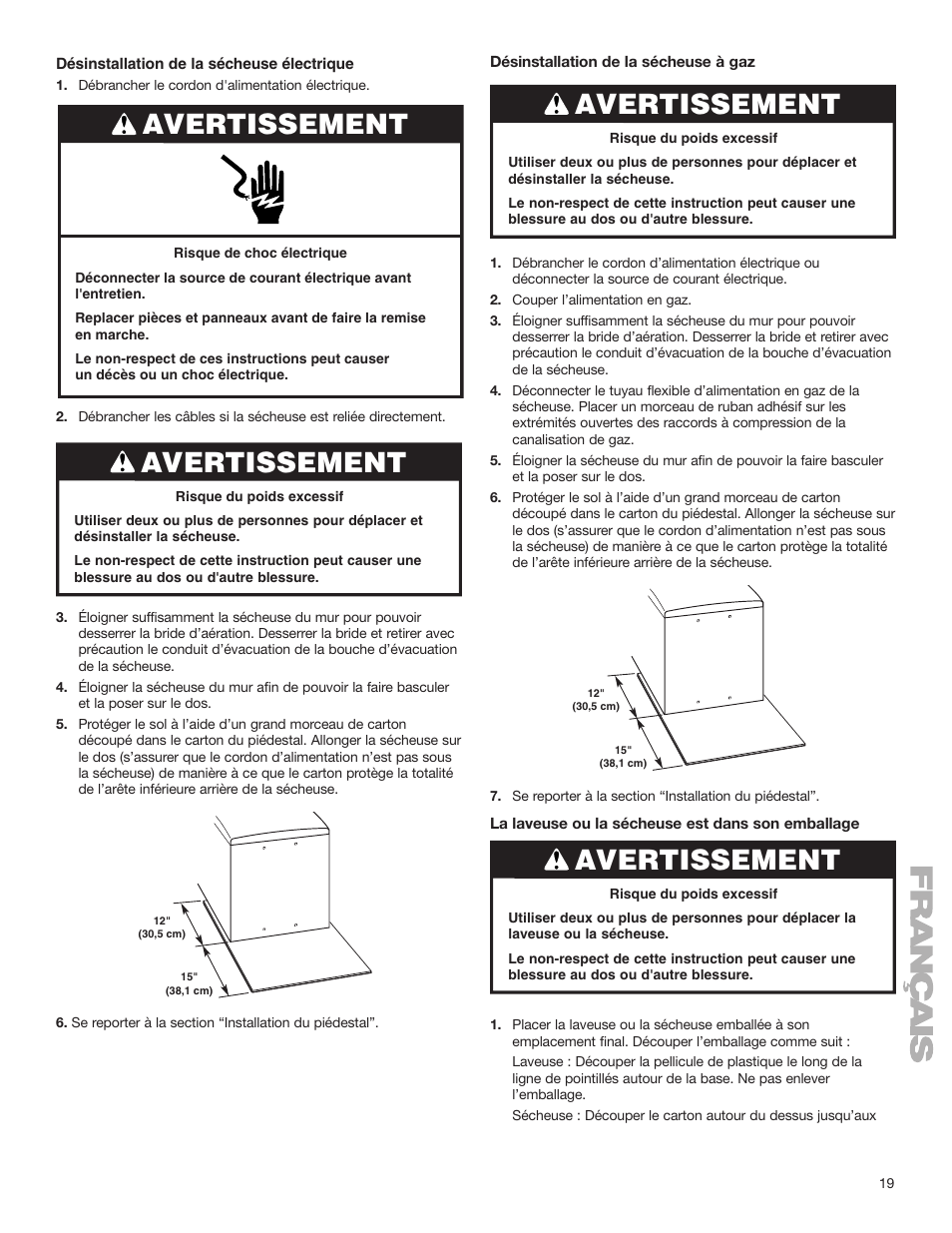 Avertissement | Whirlpool Washer/Dryer Pedestal User Manual | Page 19 / 24