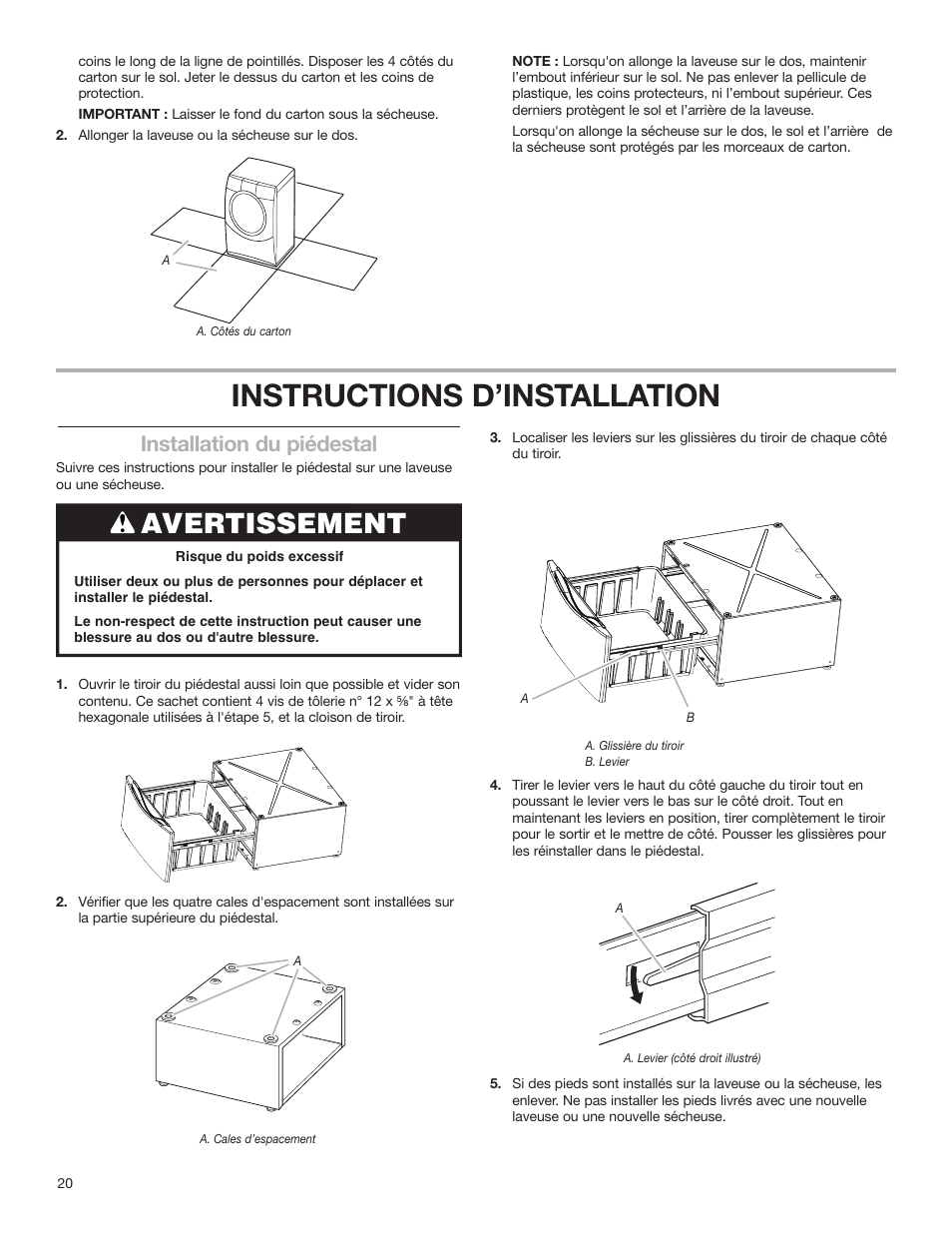 Instructions d’installation, Avertissement, Installation du piédestal | Whirlpool Washer/Dryer Pedestal User Manual | Page 20 / 24