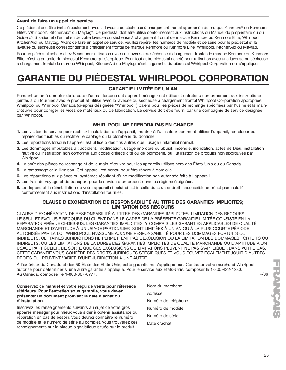 Garantie du piédestal whirlpool corporation | Whirlpool Washer/Dryer Pedestal User Manual | Page 23 / 24