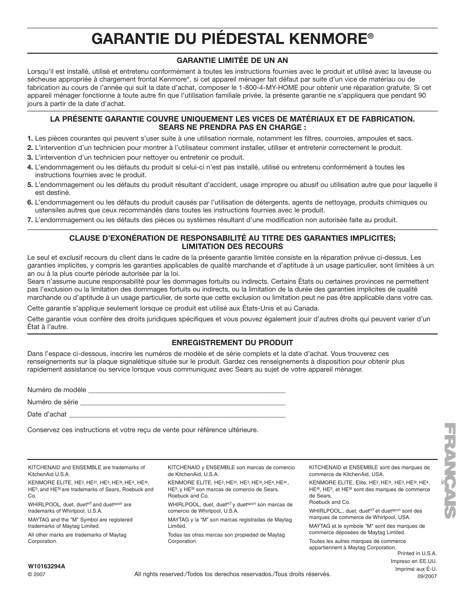 Garantie du piédestal kenmore, Garantie limitée de un an, Enregistrement du produit | Whirlpool Washer/Dryer Pedestal User Manual | Page 24 / 24