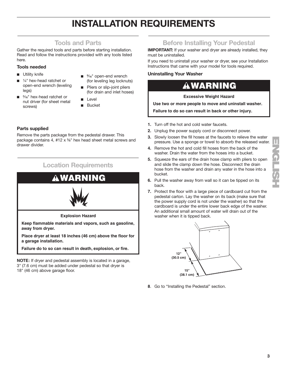 Installation requirements, Warning, Tools and parts | Location requirements, Before installing your pedestal | Whirlpool Washer/Dryer Pedestal User Manual | Page 3 / 24