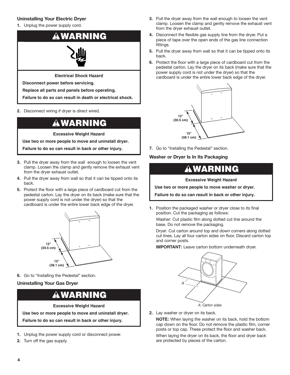 Warning | Whirlpool Washer/Dryer Pedestal User Manual | Page 4 / 24