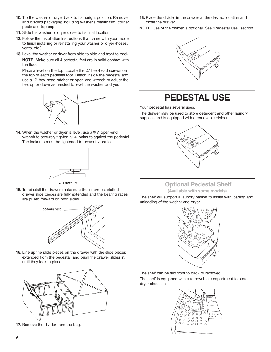 Pedestal use, Optional pedestal shelf | Whirlpool Washer/Dryer Pedestal User Manual | Page 6 / 24