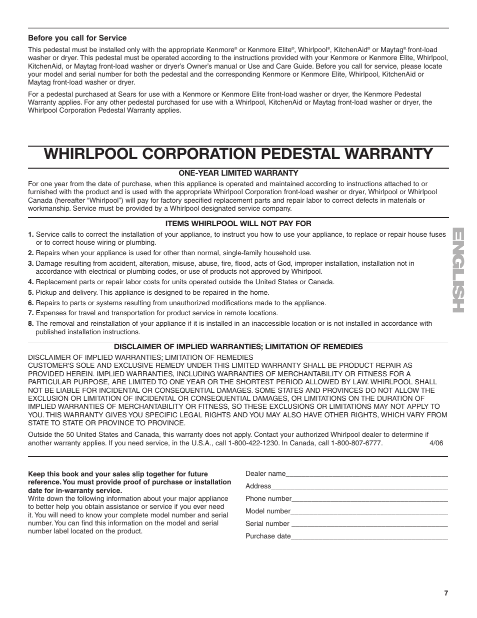 Whirlpool corporation pedestal warranty | Whirlpool Washer/Dryer Pedestal User Manual | Page 7 / 24