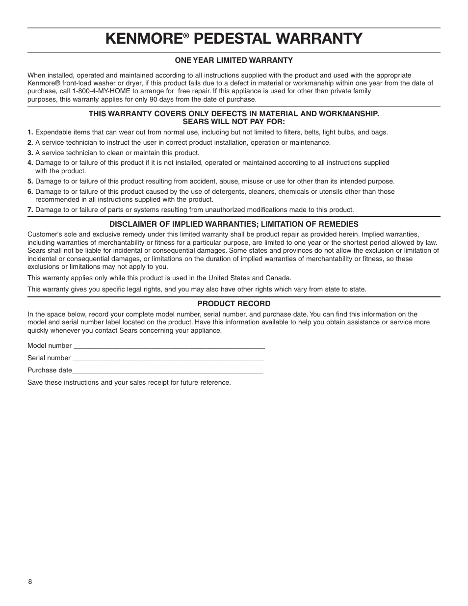 Kenmore, Pedestal warranty | Whirlpool Washer/Dryer Pedestal User Manual | Page 8 / 24