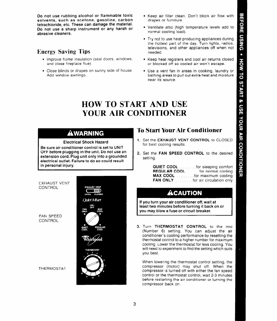 To start your air conditioner, How to start and use your air conditioner, Energy saving tips | Whirlpool | Whirlpool AC1052XS User Manual | Page 3 / 8