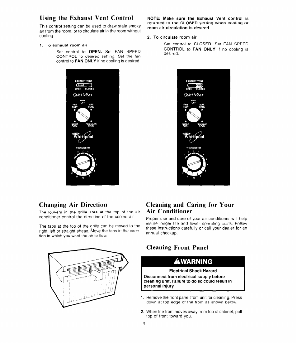 Using the exhaust vent control, Changing air direction, Cleaning and caring for your air conditioner | Cleaning front panel, Whirlpool, Warning | Whirlpool AC1052XS User Manual | Page 4 / 8