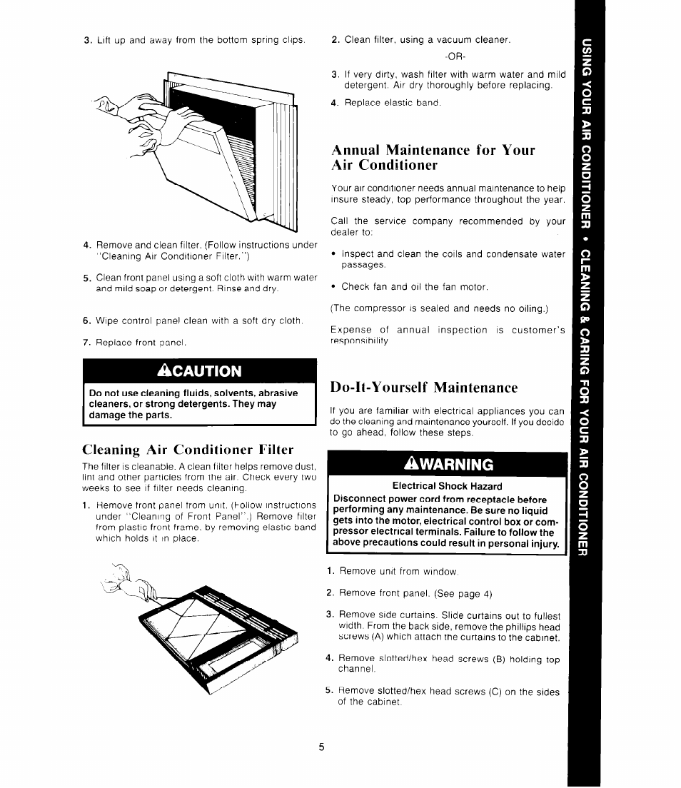 Annual maintenance for your air conditioner, Cleaning air conditioner filter, Do-it-yourself maintenance | Warning | Whirlpool AC1052XS User Manual | Page 5 / 8